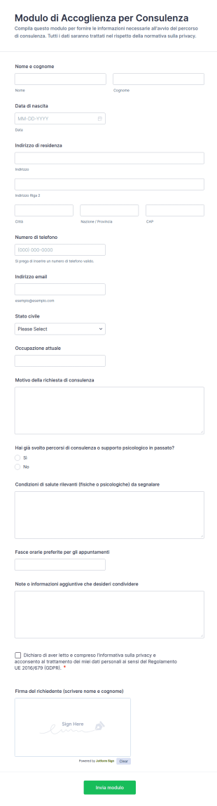 Modulo Di Accoglienza Per Consulenza