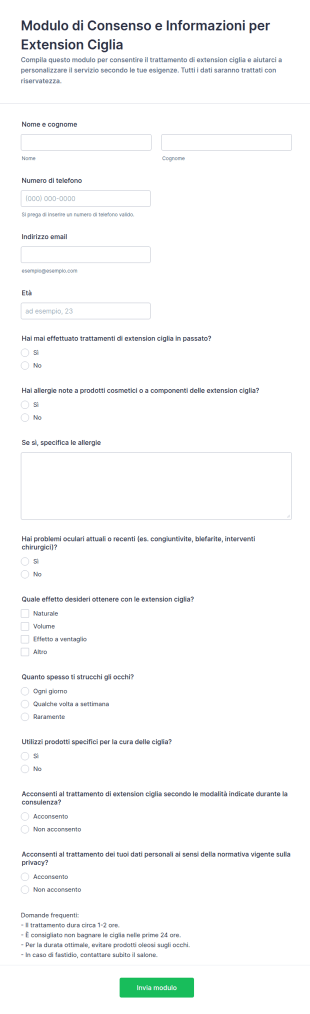 Modulo Di Accoglienza Per Estensioni Ciglia