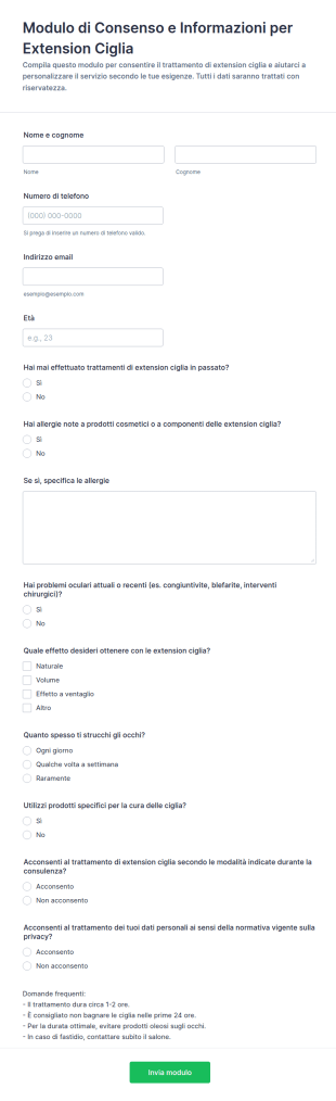 Modulo Di Accoglienza Per Estensioni Ciglia