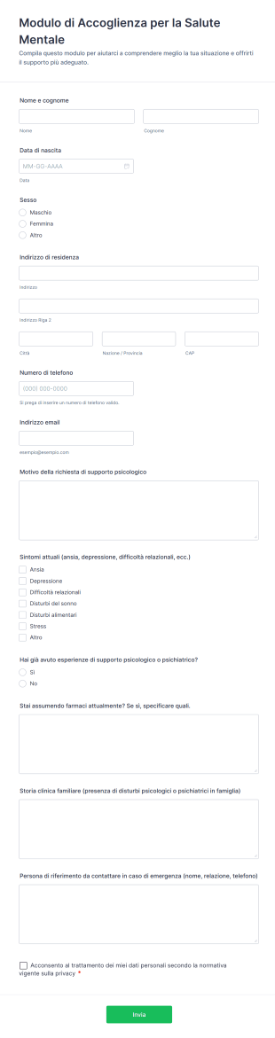 Modulo Di Accoglienza Per La Salute Mentale