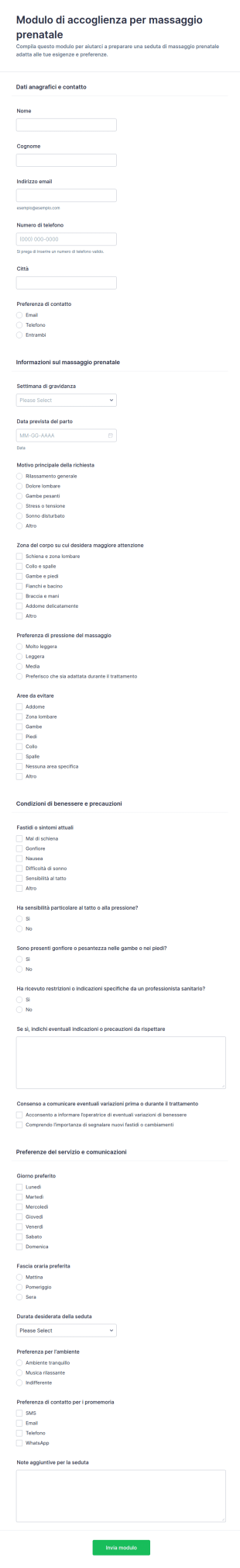 Modulo Di Accoglienza Per Massaggi Prenatali