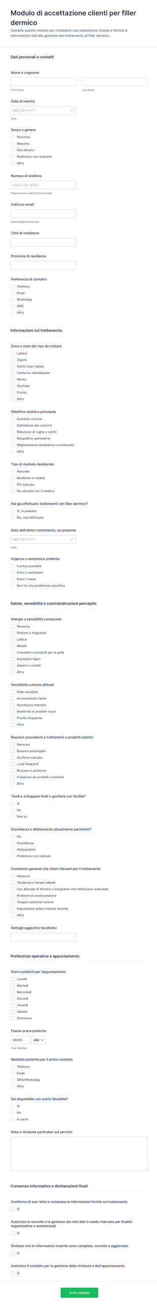 Modulo Di Accoglienza Per Trattamenti Dermatologici
