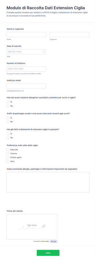 Modulo Di Accoglienza Per Trattamento Lash