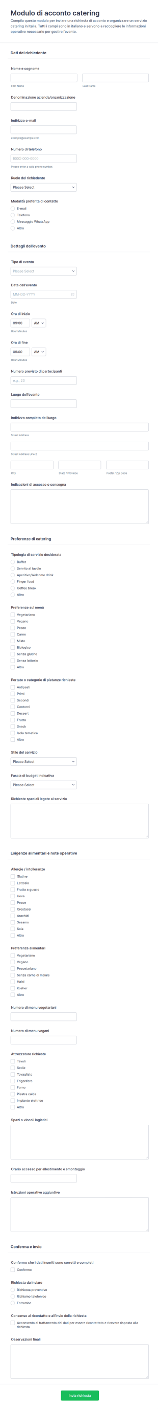 Modulo Di Acconto Per Catering