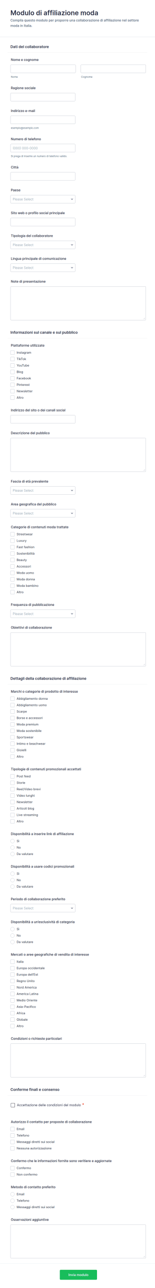 Modulo Di Accordo Di Affiliazione Moda