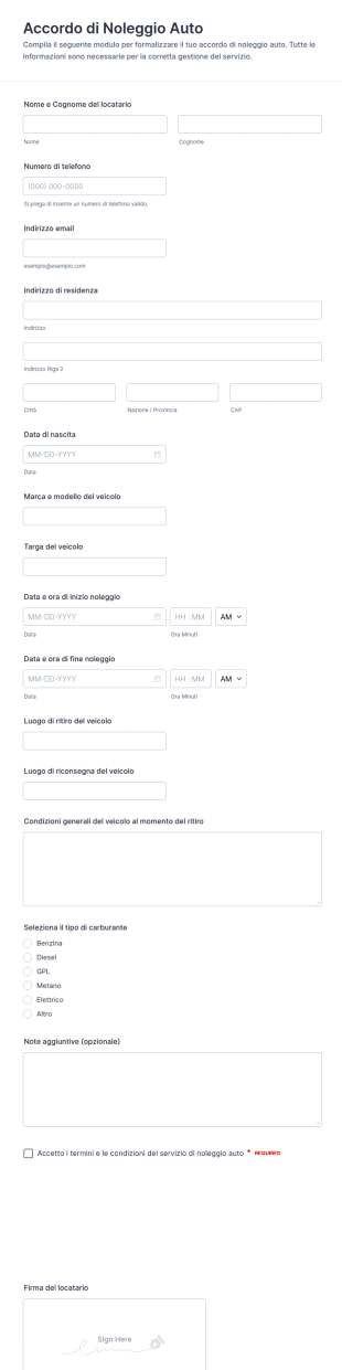 Modulo Di Accordo Di Noleggio Auto