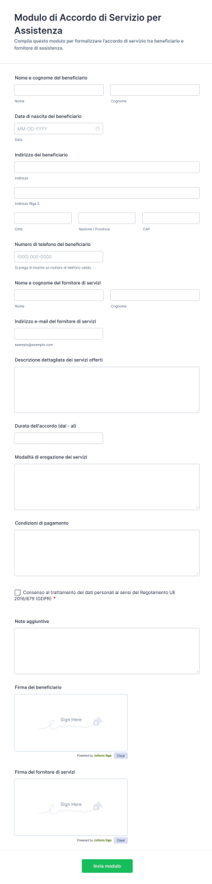 Modulo Di Accordo Di Servizio Per Assistenza