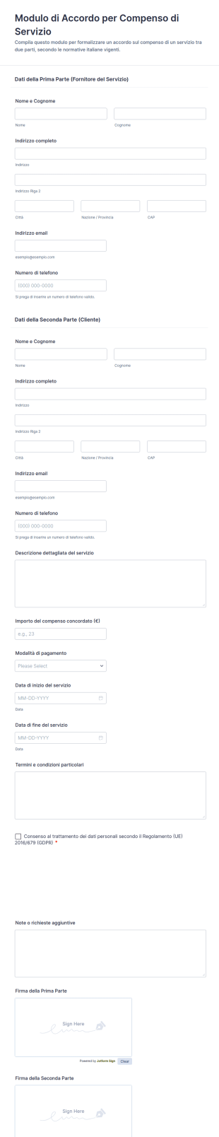 Modulo Di Accordo Per Compenso Di Servizio