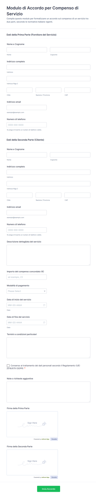 Modulo Di Accordo Per Compenso Di Servizio