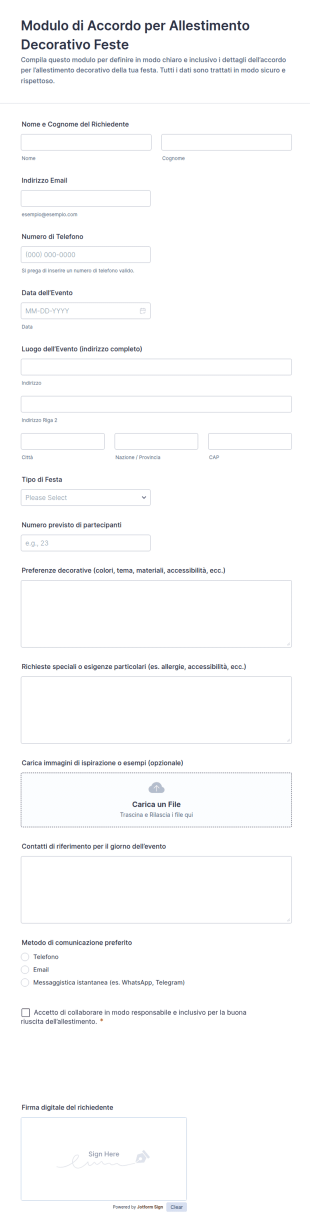 Modulo Di Accordo Per Decorazioni Per Feste