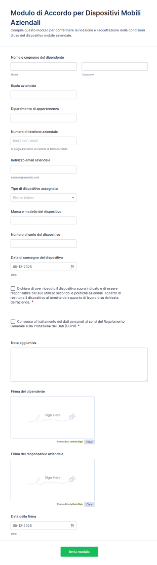 Modulo Di Accordo Per Dispositivi Mobili Aziendali