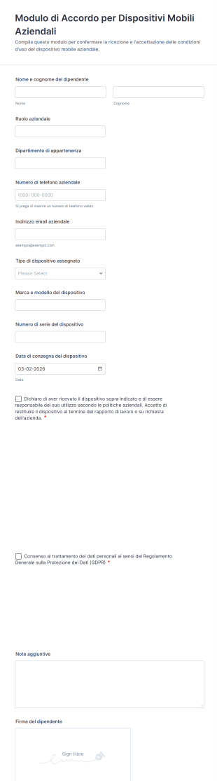 Modulo Di Accordo Per Dispositivi Mobili Aziendali