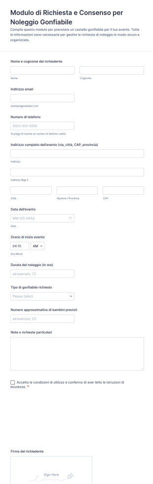 Modulo Di Accordo Per Noleggio Casa Gonfiabile