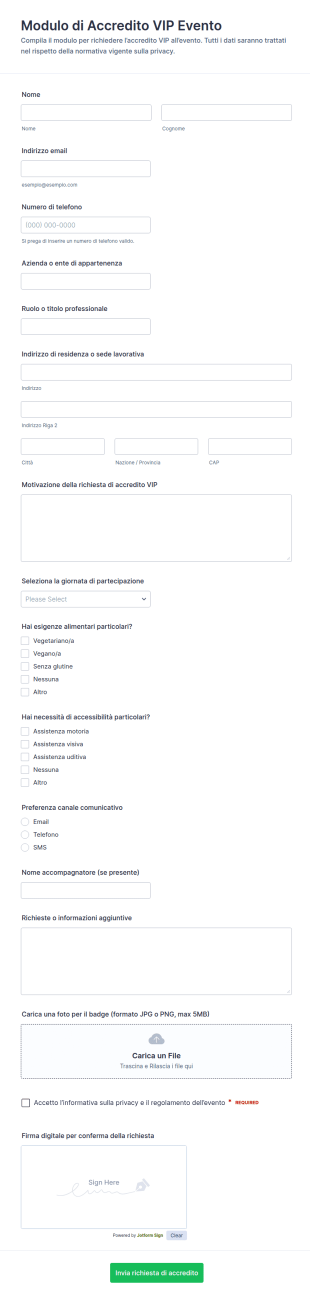 Modulo Di Accreditamento VIP Per Eventi