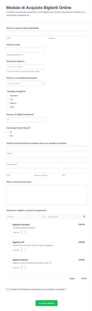 Modulo Di Acquisto Biglietti Online | Jotform
