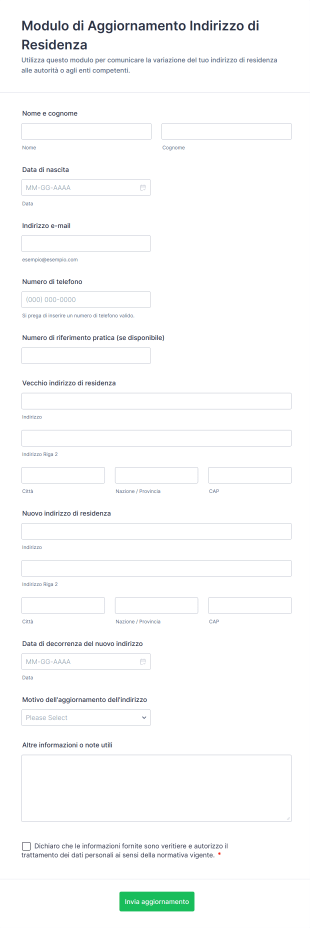 Modulo Di Aggiornamento Indirizzo Di Residenza