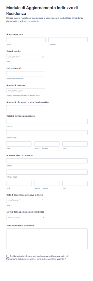 Modulo Di Aggiornamento Indirizzo Di Residenza