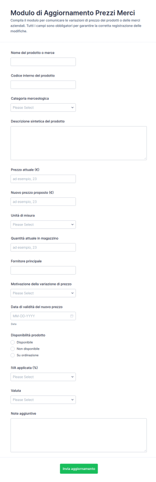Modulo Di Aggiornamento Prezzi Delle Merci