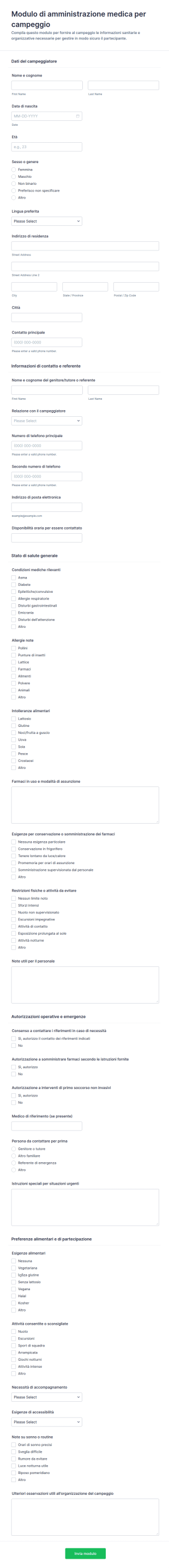 Modulo Di Amministrazione Medica Per Campeggiatori
