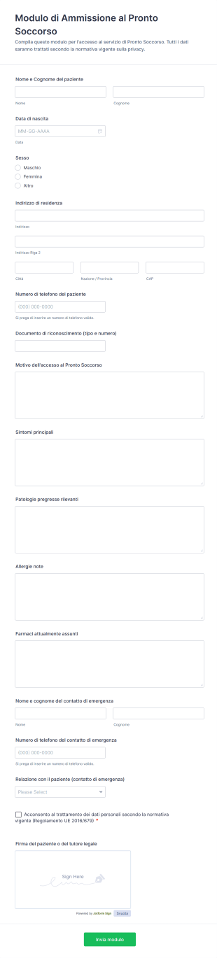 Modulo Di Ammissione Al Pronto Soccorso