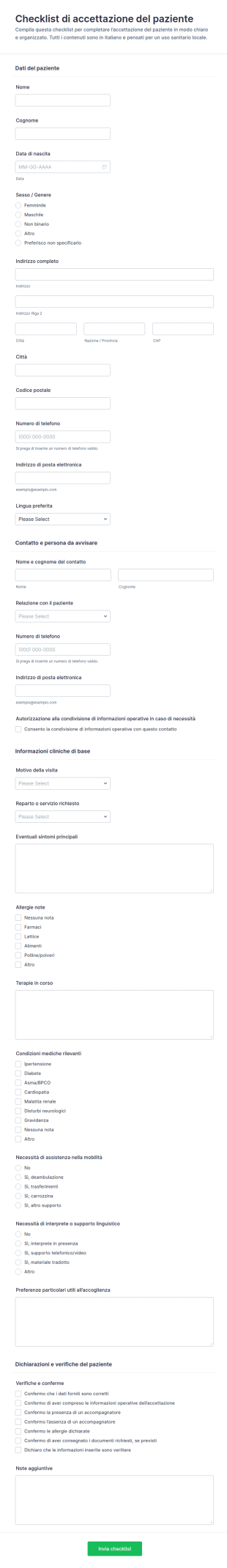 Modulo Di Ammissione Del Paziente Checklist
