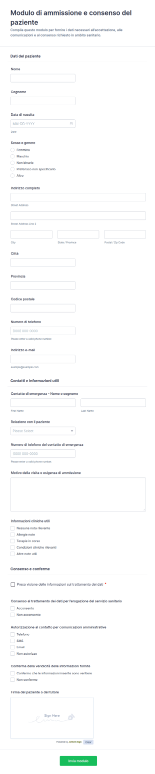 Modulo Di Ammissione Paziente E Consenso