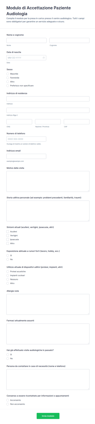 Modulo Di Anamnesi Per Pazienti Di Audiologia