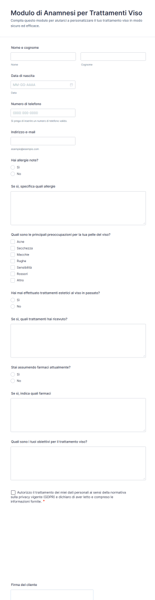 Modulo Di Anamnesi Per Trattamenti Viso