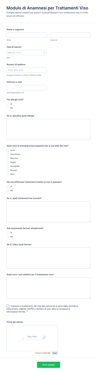 Modulo Di Anamnesi Per Trattamenti Viso