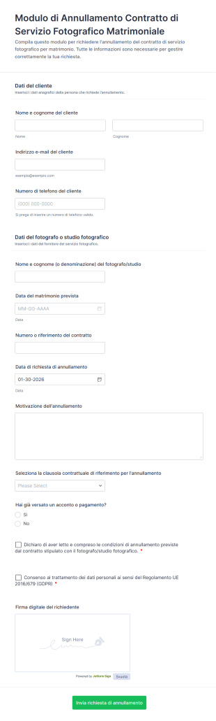 Modulo Di Annullamento Contratto Di Servizio Fotografico Matrimoniale