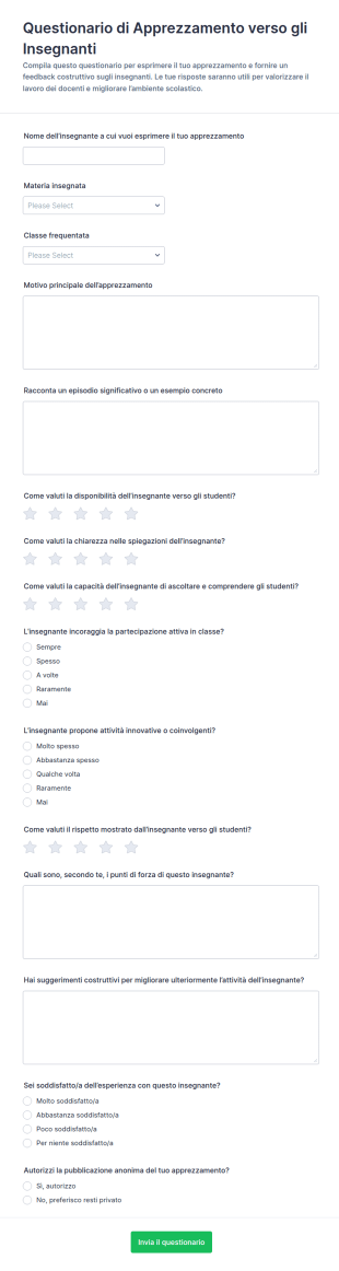 Modulo Di Apprezzamento Per I Docenti