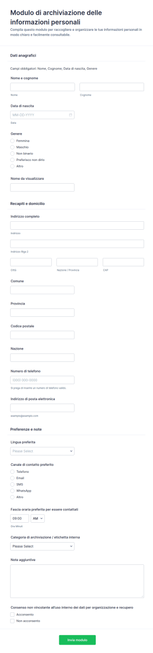 Modulo Di Archiviazione Delle Informazioni Personali