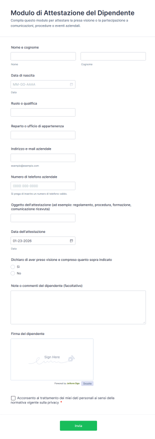 Modulo Di Attestazione Del Dipendente Form Template