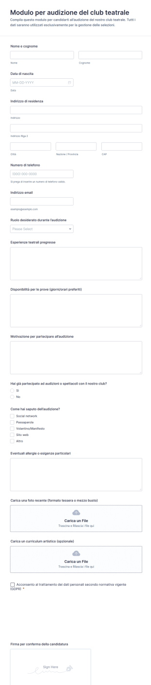 Modulo Di Audizione Per Il Club Teatrale