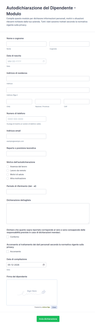 Modulo Di Autocertificazione Del Dipendente