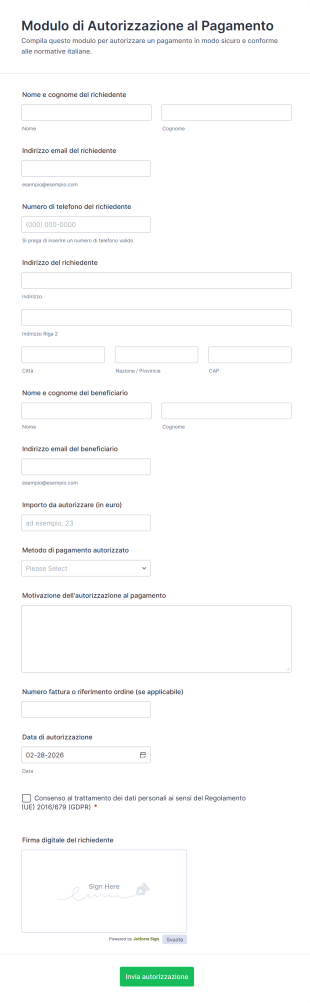Modulo Di Autorizzazione Al Pagamento