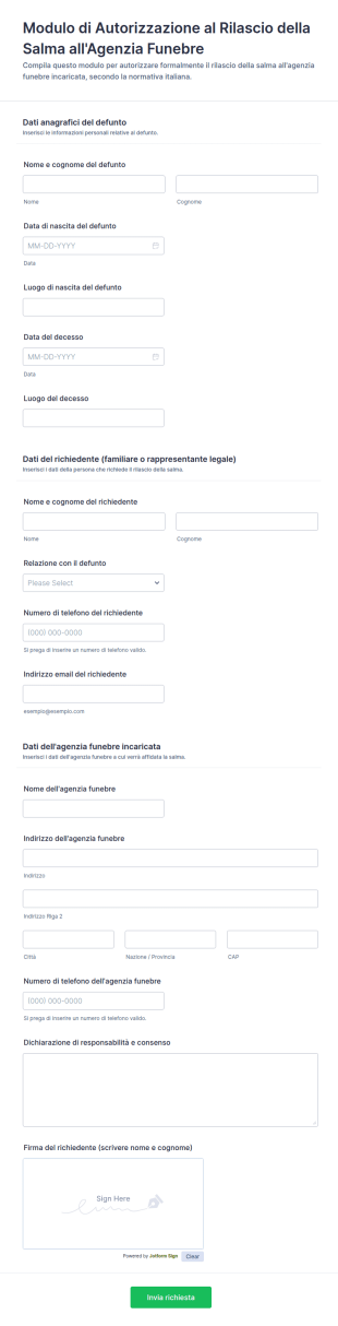 Modulo Di Autorizzazione Al Rilascio Della Salma All'Agenzia Funebre