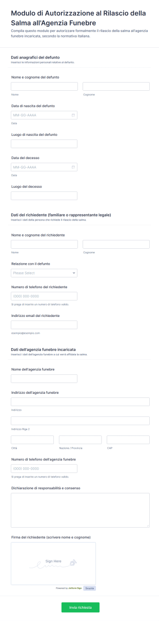 Modulo Di Autorizzazione Al Rilascio Della Salma All'Agenzia Funebre