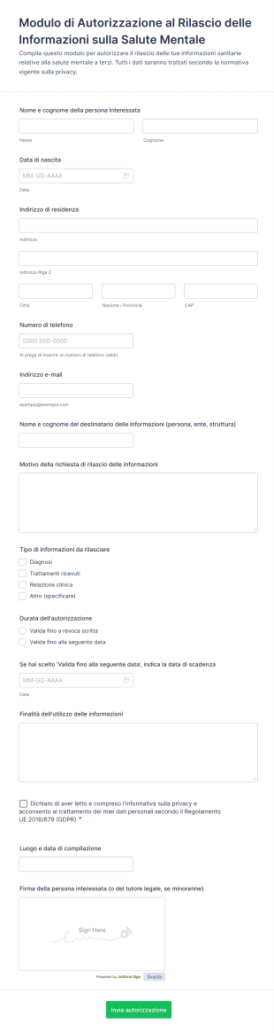 Modulo Di Autorizzazione Al Rilascio Delle Informazioni Sulla Salute Mentale | Jotform