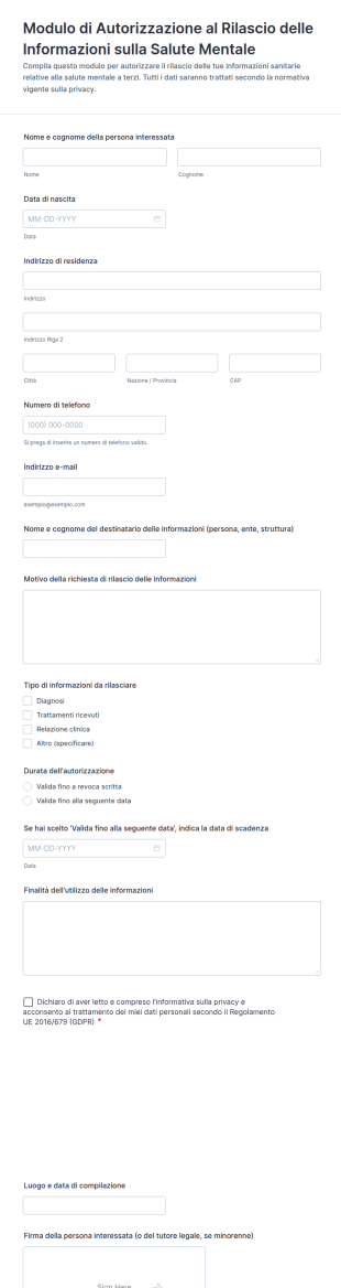 Modulo Di Autorizzazione Al Rilascio Delle Informazioni Sulla Salute Mentale