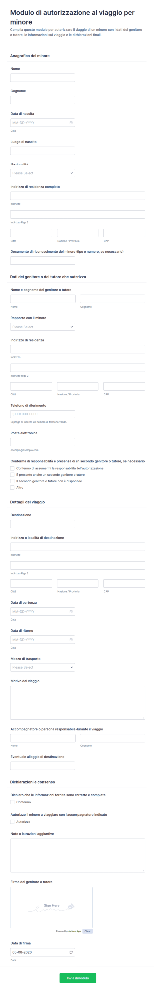 Modulo Di Autorizzazione Al Viaggio Per Minori