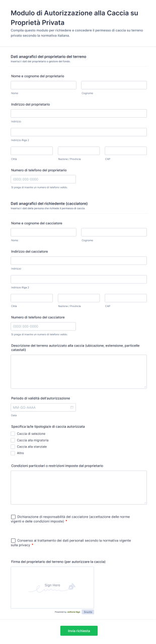 Modulo Di Autorizzazione Alla Caccia Su Proprietà Privata