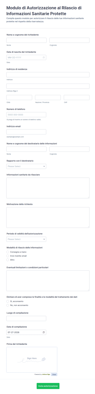 Modulo Di Autorizzazione Alla Divulgazione Di Informazioni Sanitarie Protette