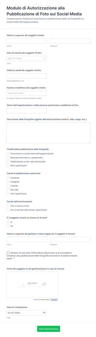 Modulo Di Autorizzazione Alla Pubblicazione Di Foto Sui Social Media