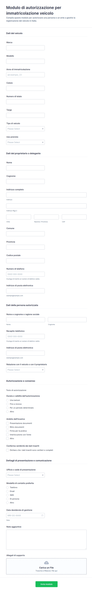 Modulo Di Autorizzazione Alla Registrazione Del Veicolo