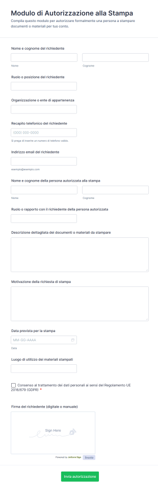Modulo Di Autorizzazione Alla Stampa