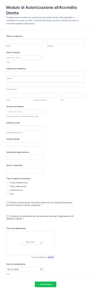 Modulo Di Autorizzazione All'Accredito Diretto