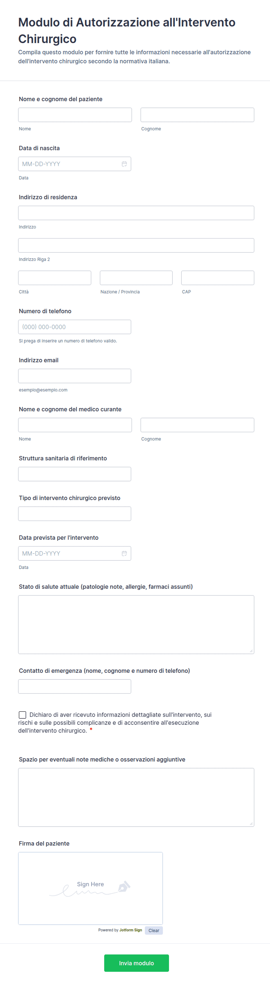 Modulo di Autorizzazione all'Intervento Chirurgico | Jotform