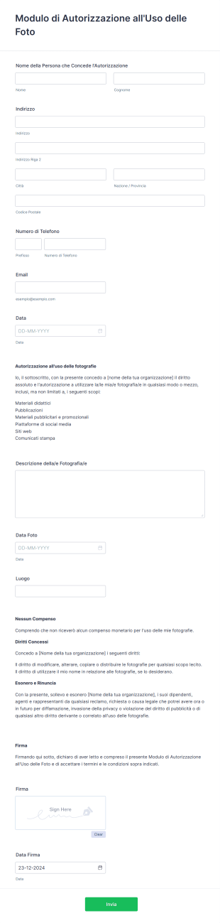 Modulo Di Autorizzazione All'Uso Delle Foto Form Template