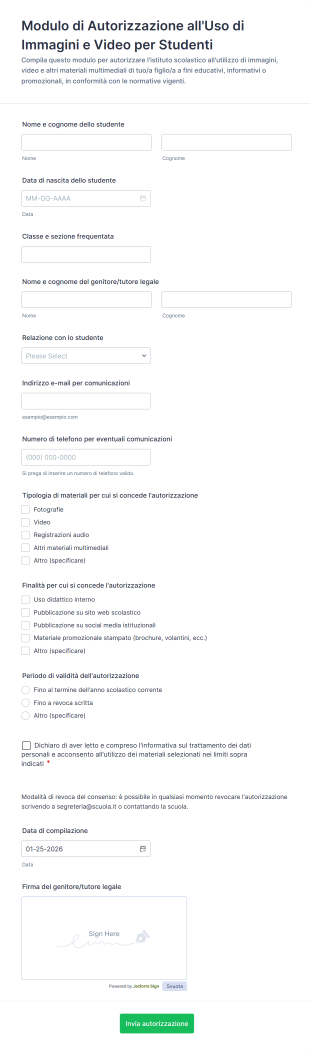 Modulo Di Autorizzazione All'Uso Di Immagini E Video Per Studenti | Jotform
